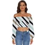 Pattern, Black, Blue, Gold, Lines, Stripes Long Sleeve Crinkled Weave Crop Top