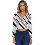 Pattern, Black, Blue, Gold, Lines, Stripes Long Sleeve V-Neck Top