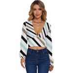 Pattern, Black, Blue, Gold, Lines, Stripes Long Sleeve Deep-V Velour Top