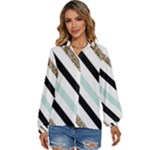 Pattern, Black, Blue, Gold, Lines, Stripes Women s Long Sleeve Button Up Shirt