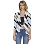 Pattern, Black, Blue, Gold, Lines, Stripes Women s 3/4 Sleeve Ruffle Edge Open Front Jacket