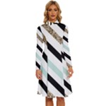 Pattern, Black, Blue, Gold, Lines, Stripes Long Sleeve Shirt Collar A-Line Dress