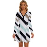 Pattern, Black, Blue, Gold, Lines, Stripes Long Sleeve Deep V Mini Dress 