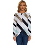 Pattern, Black, Blue, Gold, Lines, Stripes Long Sleeve Crew Neck Pullover Top