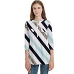 Pattern, Black, Blue, Gold, Lines, Stripes Women s Zip Front V-Neck 3/4 Sleeve Casual Top Pocket Shirt