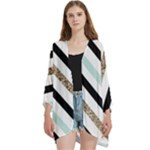 Pattern, Black, Blue, Gold, Lines, Stripes Open Front 3/4 Sleeve Batwing Chiffon Cardigan Kimono