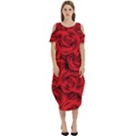 Red Roses , Red Buds, Red Roses Cold Shoulder Loose Fit Dress With Pockets