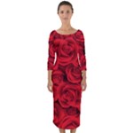 Red Roses , Red Buds, Red Roses Quarter Sleeve Midi Bodycon Dress