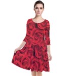 Red Roses , Red Buds, Red Roses Quarter Sleeve Waist Band Dress