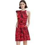 Red Roses , Red Buds, Red Roses Cocktail Party Halter Sleeveless Dress With Pockets