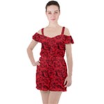 Red Roses , Red Buds, Red Roses Ruffle Cut Out Chiffon Playsuit