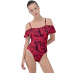 Red Roses , Red Buds, Red Roses Frill Detail One Piece Swimsuit