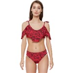 Red Roses , Red Buds, Red Roses Ruffle Edge Tie Up Bikini Set	