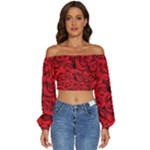 Red Roses , Red Buds, Red Roses Long Sleeve Crinkled Weave Crop Top