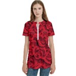 Red Roses , Red Buds, Red Roses Women s Zip Front V-Neck Short Sleeve Casual Top Pocket Shirt