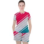 Red White Teal Stripes Women s T-Shirt and Shorts Set