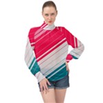 Red White Teal Stripes High Neck Long Sleeve Chiffon Top