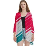 Red White Teal Stripes Open Front 3/4 Sleeve Batwing Chiffon Cardigan Kimono