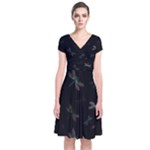 Background Pattern Dragonfly Short Sleeve Front Wrap Dress