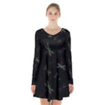 Background Pattern Dragonfly Long Sleeve Velvet V-neck Dress