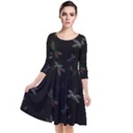 Background Pattern Dragonfly Quarter Sleeve Waist Band Dress