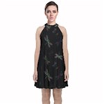 Background Pattern Dragonfly Velvet Halter Neckline Dress 