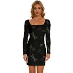 Background Pattern Dragonfly Long Sleeve Square Neck Bodycon Velvet Dress