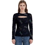 Background Pattern Dragonfly Women s Cut Out Long Sleeve T-Shirt