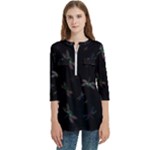 Background Pattern Dragonfly Women s Zip Front V-Neck 3/4 Sleeve Casual Top Pocket Shirt