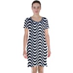 Black White Wave Pattern Wavy Water Seamless Short Sleeve Nightdress