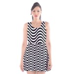 Black White Wave Pattern Wavy Water Seamless Scoop Neck Skater Dress