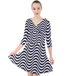 Black White Wave Pattern Wavy Water Seamless Quarter Sleeve Front Wrap Dress