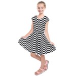 Black White Wave Pattern Wavy Water Seamless Kids  Short Sleeve Dress