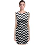 Black White Wave Pattern Wavy Water Seamless Sleeveless Velvet Midi Dress