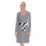 Black White Wave Pattern Wavy Water Seamless Long Sleeve Velvet Front Wrap Dress