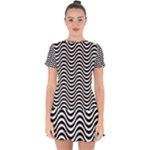 Black White Wave Pattern Wavy Water Seamless Drop Hem Mini Chiffon Dress