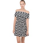 Black White Wave Pattern Wavy Water Seamless Off Shoulder Chiffon Dress