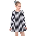 Black White Wave Pattern Wavy Water Seamless Kids  Long Sleeve Dress