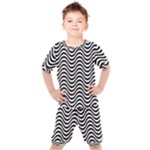 Black White Wave Pattern Wavy Water Seamless Kids  T-Shirt and Shorts Set