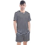 Black White Wave Pattern Wavy Water Seamless Men s Mesh T-Shirt and Shorts Set