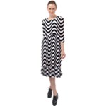 Black White Wave Pattern Wavy Water Seamless Ruffle End Midi Chiffon Dress