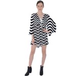 Black White Wave Pattern Wavy Water Seamless V-Neck Flare Sleeve Mini Dress