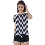 Black White Wave Pattern Wavy Water Seamless Short Sleeve Open Back T-Shirt