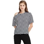 Black White Wave Pattern Wavy Water Seamless One Shoulder Cut Out T-Shirt