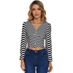 Black White Wave Pattern Wavy Water Seamless Long Sleeve V-Neck Top