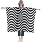 Black White Wave Pattern Wavy Water Seamless Women s Hooded Rain Ponchos