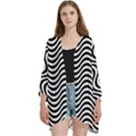 Black White Wave Pattern Wavy Water Seamless Open Front 3/4 Sleeve Batwing Chiffon Cardigan Kimono