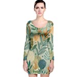 Leaves Pattern Flora Nature Long Sleeve Velvet Bodycon Dress