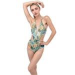 Leaves Pattern Flora Nature Plunging Cut Out Swimsuit