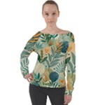 Leaves Pattern Flora Nature Off Shoulder Long Sleeve Velour Top